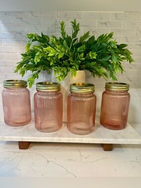 Set of 4 Pink Ribbed Glass Jars with Gold Lids